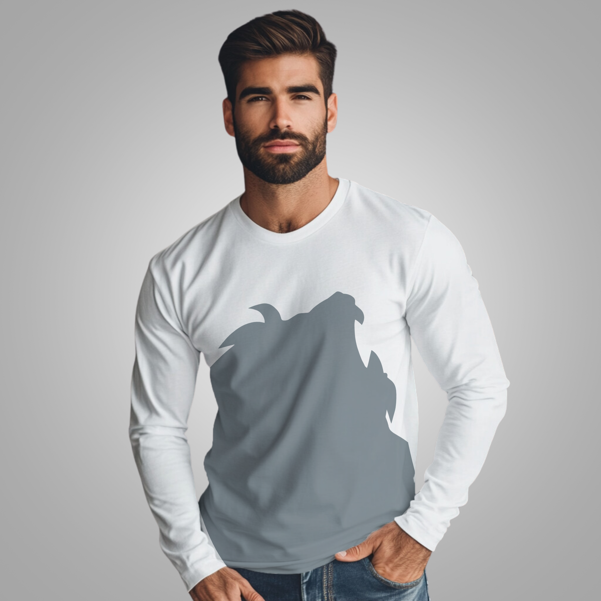 Grey Lion - White Long Sleeve Shirt (AOP)